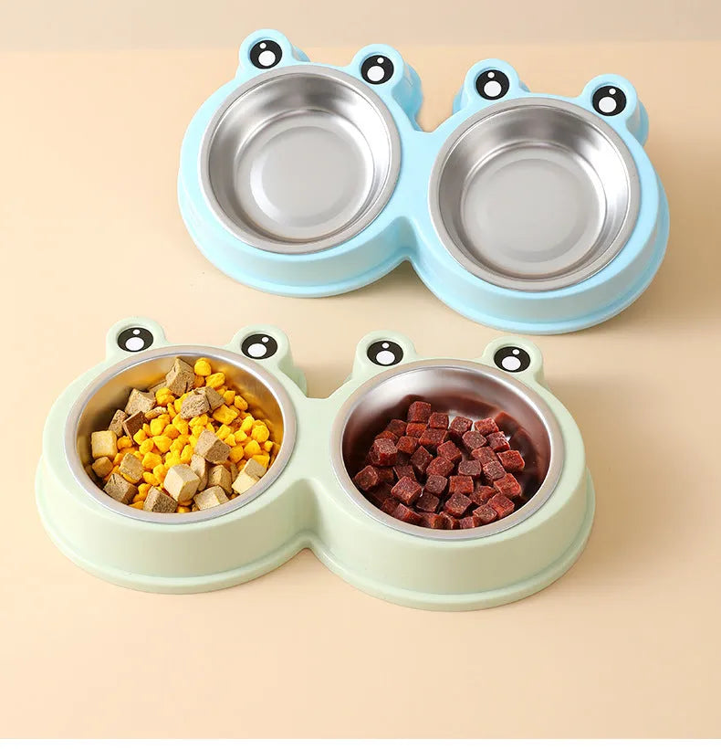 Blue stainless steel double pet bowl with frog design for cat and dog food and water.
