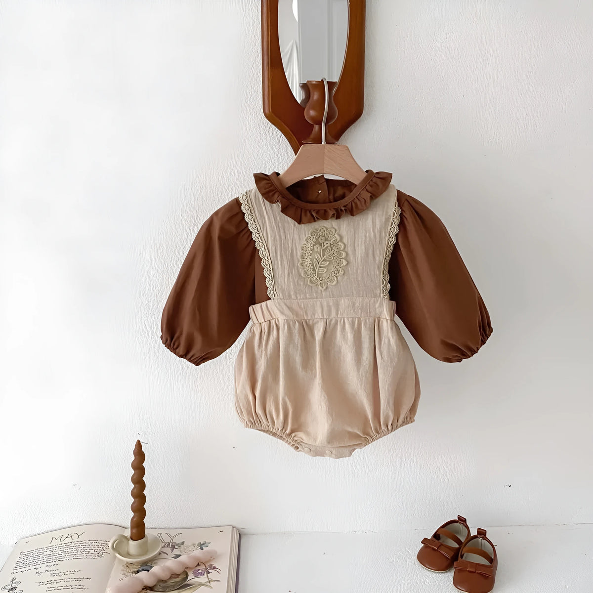 Korean style baby autumn set with brown long sleeve shirt and apricot sleeveless suspender romper, sizes 66cm to 90cm