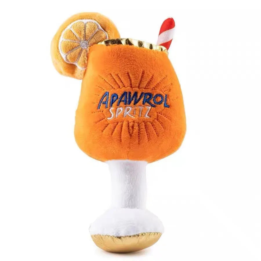 Yellow plush wine glass squeaky dog toy with teeth-cleaning features