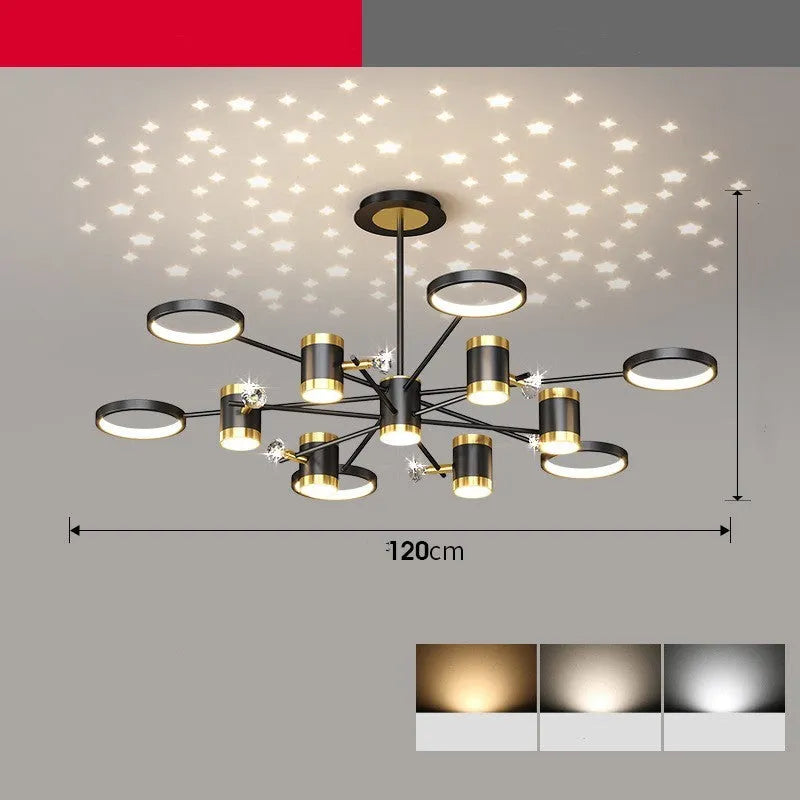 Black iron pendant chandelier with 13 light heads and an adjustable suspension cord.