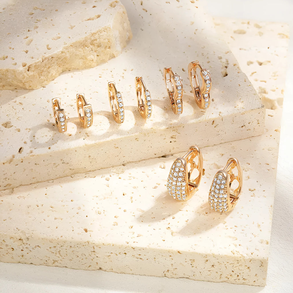Women's brass gold plated heart-shaped ear clip earrings with zircon accents in four colour options