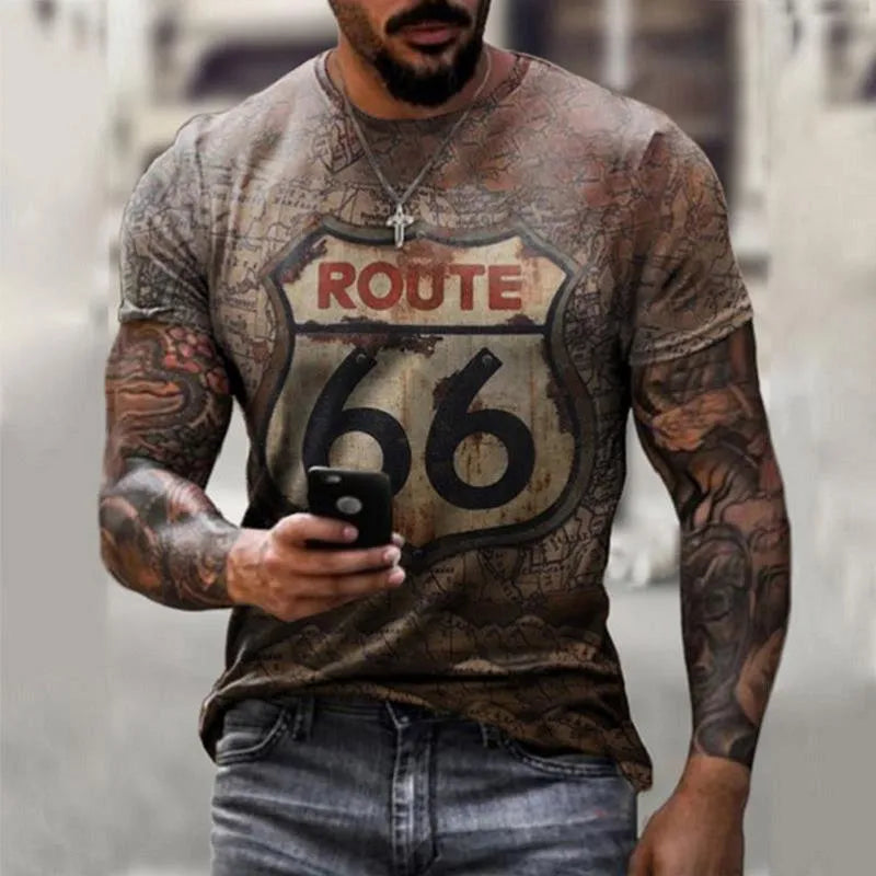 Oversize retro short sleeve polyester pullover top for men, straight tube cut, no collar, printed TX-66 series