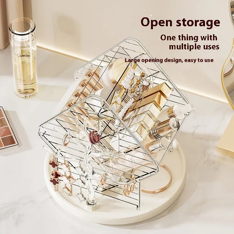 360 degree rotating cosmetics storage box in clear or amber gold plastic