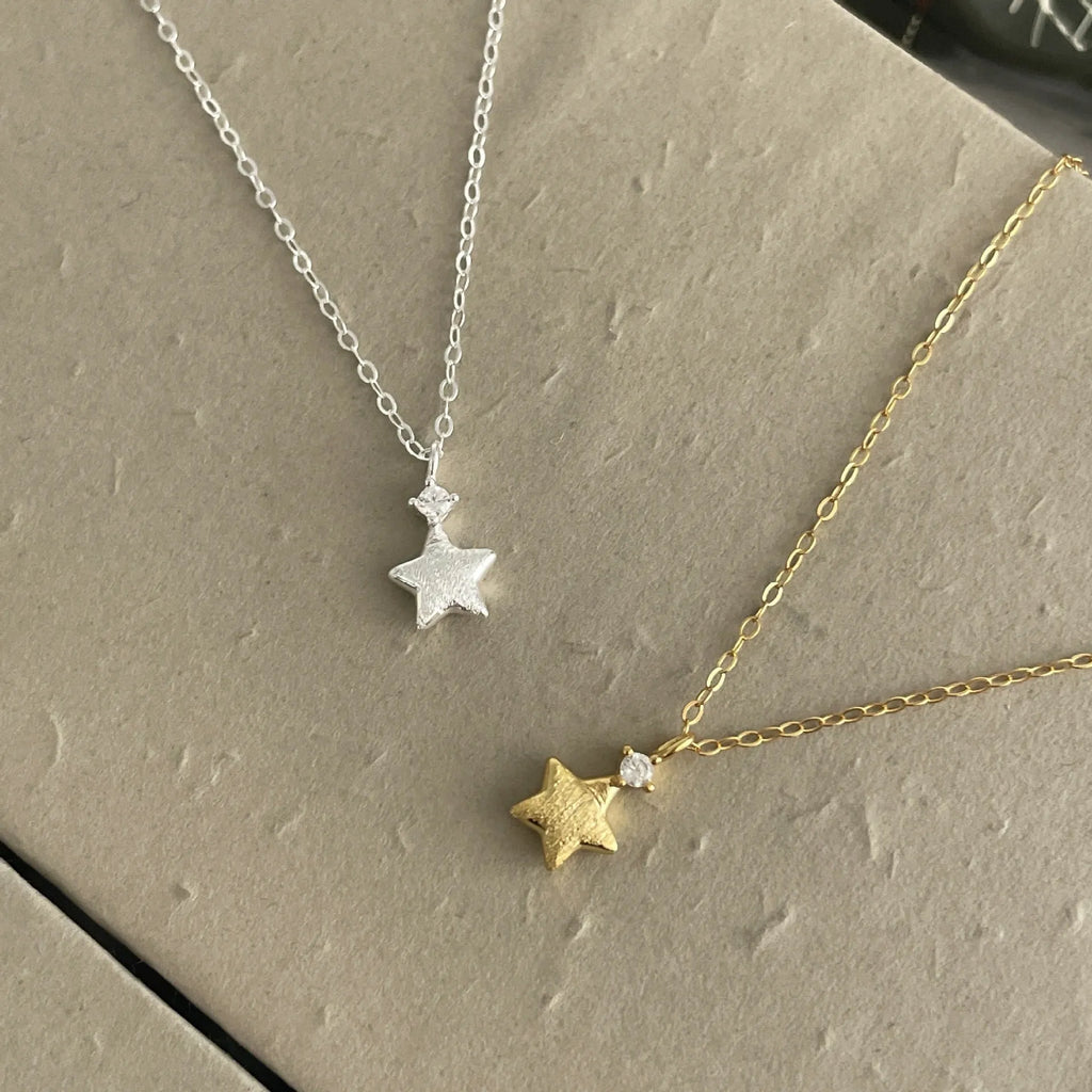 S925 sterling silver star zirconium pendant necklace brushed finish plain silver option women jewellery