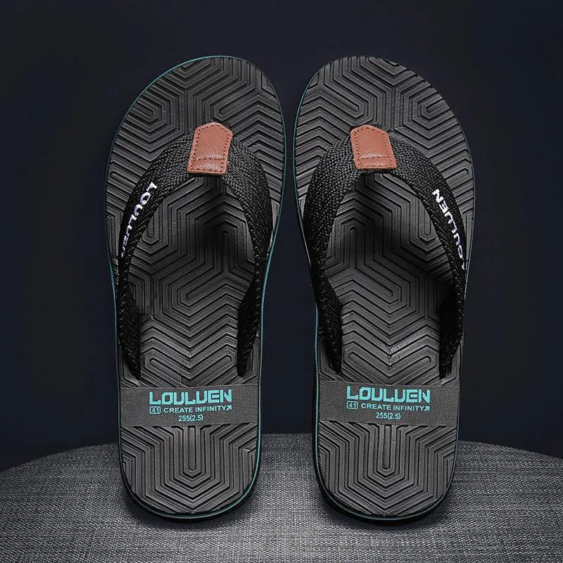 Men's open-toe flip flops in black, khaki, or green with a textured non-slip sole.