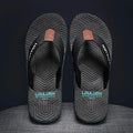 Men's open-toe flip flops in black, khaki, or green with a textured non-slip sole.