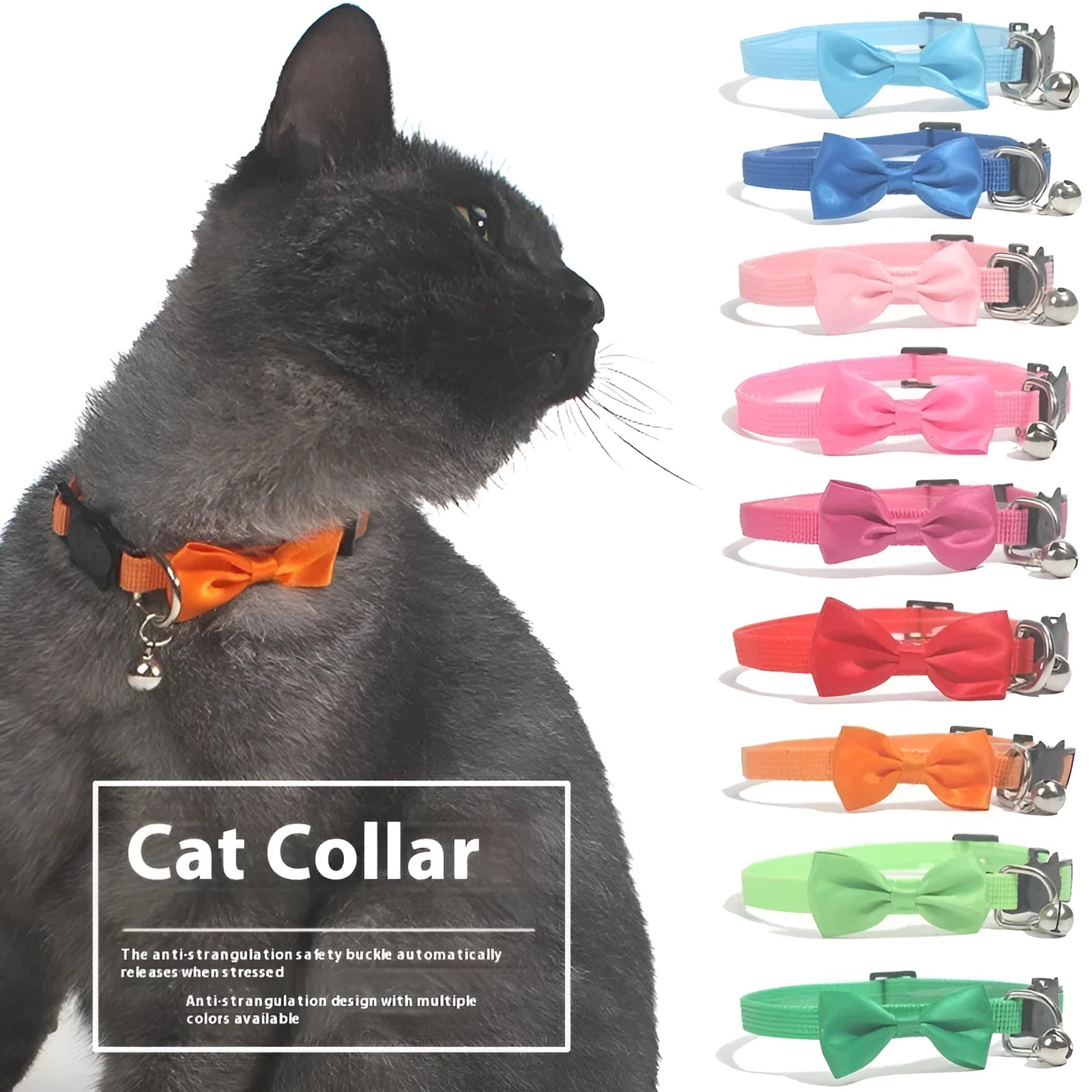 Adjustable nylon cat collar with decorative bow and bell in striped cartoon pattern, multiple colour options shown
