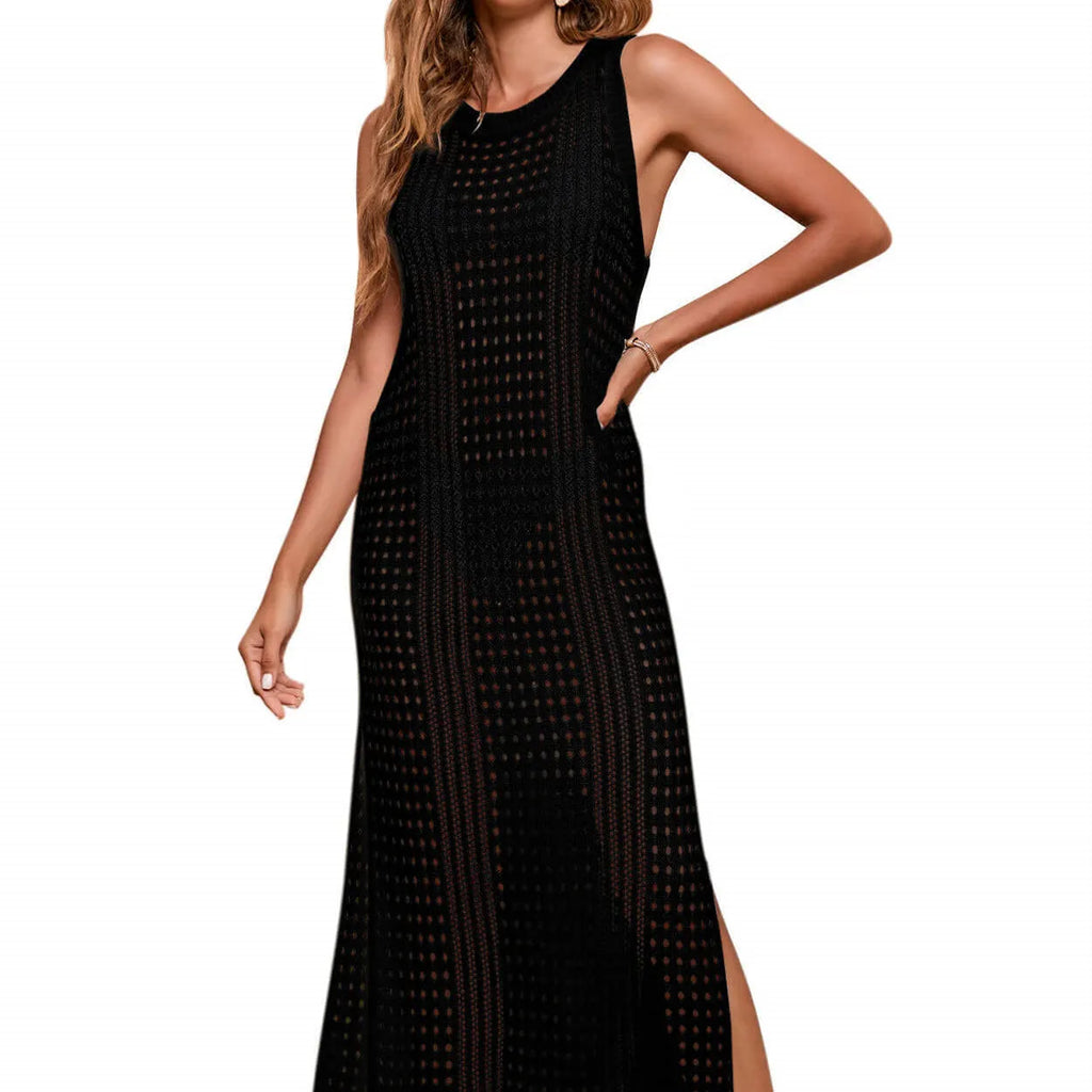 Long loose knit beach blouse for women in a solid colour, showing hollow-out detail and V-neck.