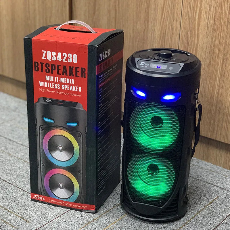 Black portable Bluetooth speaker with wheat pattern finish and dual horn cannon design