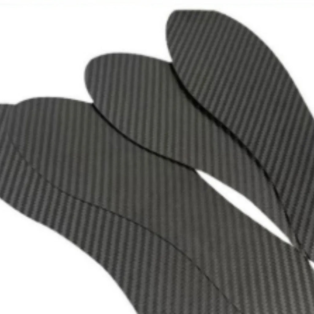 Pair of black 3K carbon fibre full palm running insoles showing textured weave, with three thickness options displayed.
