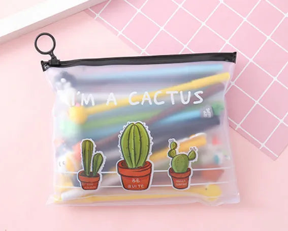 Marvel cartoon cactus design pen set showing 20 black ink pens in 21x17cm plastic storage case