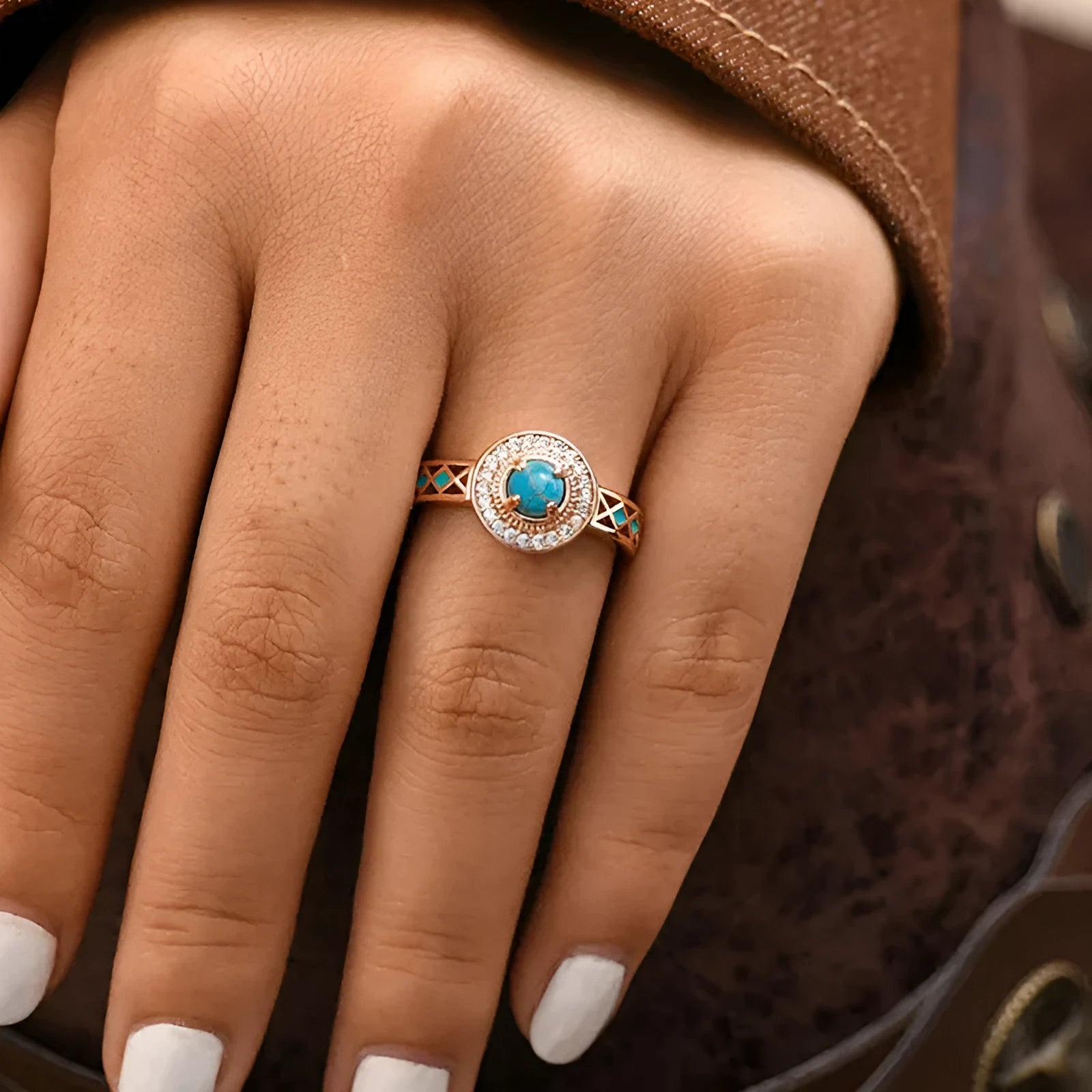 Women's turquoise geometric copper ring with inlaid zircon stones in rose gold finish