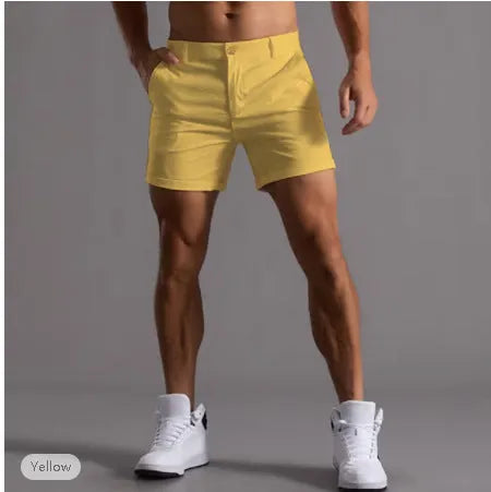 Men's cotton summer button beach shorts with pockets, straight leg, in army green colour option