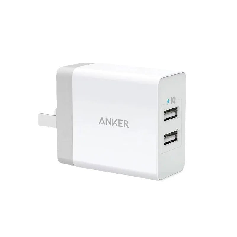 White dual-port 12W USB charger with national standard plug on a plain background