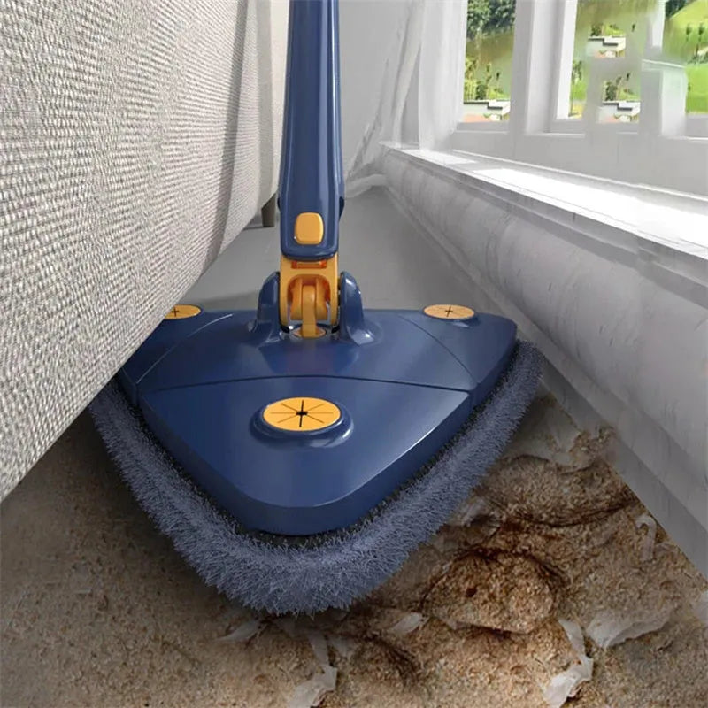Blue triangle mop with rotating head on an extendable stainless steel pole for cleaning floors and walls.