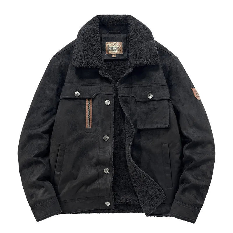 Men's deerskin jacket in khaki, front view, standard length 50cm, polyester fibre business formal coat