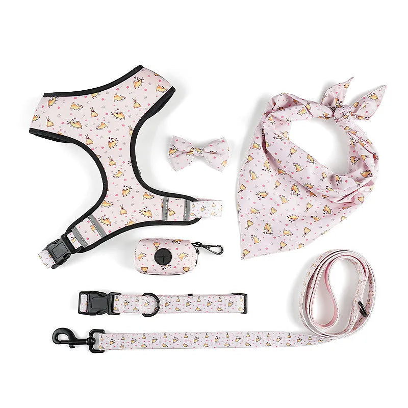 Polyester dog leash harness set with bow tie and scarf in blue, sizes S to XL