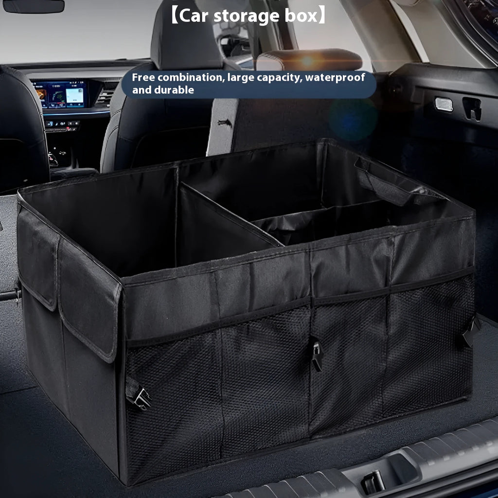 Black Oxford cloth folding trunk storage box measuring 56x40x26cm for car boot organiser
