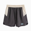 Man's loose grey workout shorts with elastic waist and white lace-up fly front.