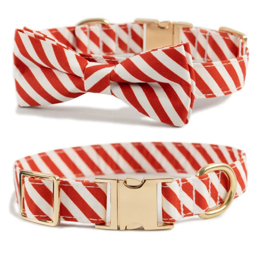 Striped green dog collar with engravable panel and decorative red bow knot attached