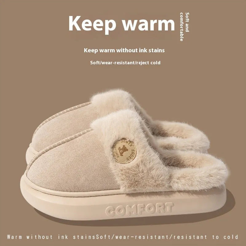 Plush fleece slippers with thick PVC sole in five colour options on a white background.