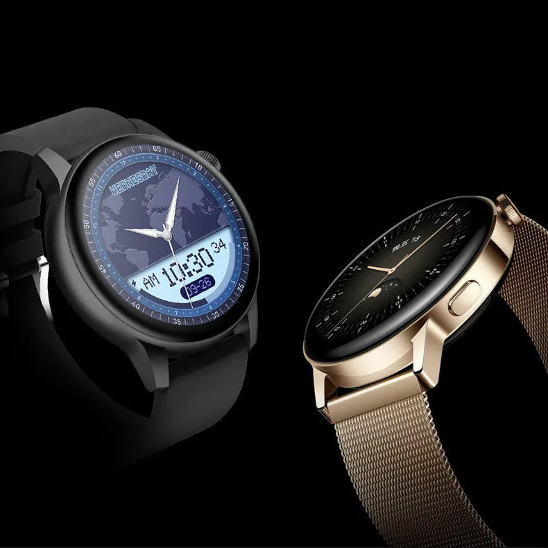 Smart watch with colour screen and stainless steel body in black, pink, or silver.