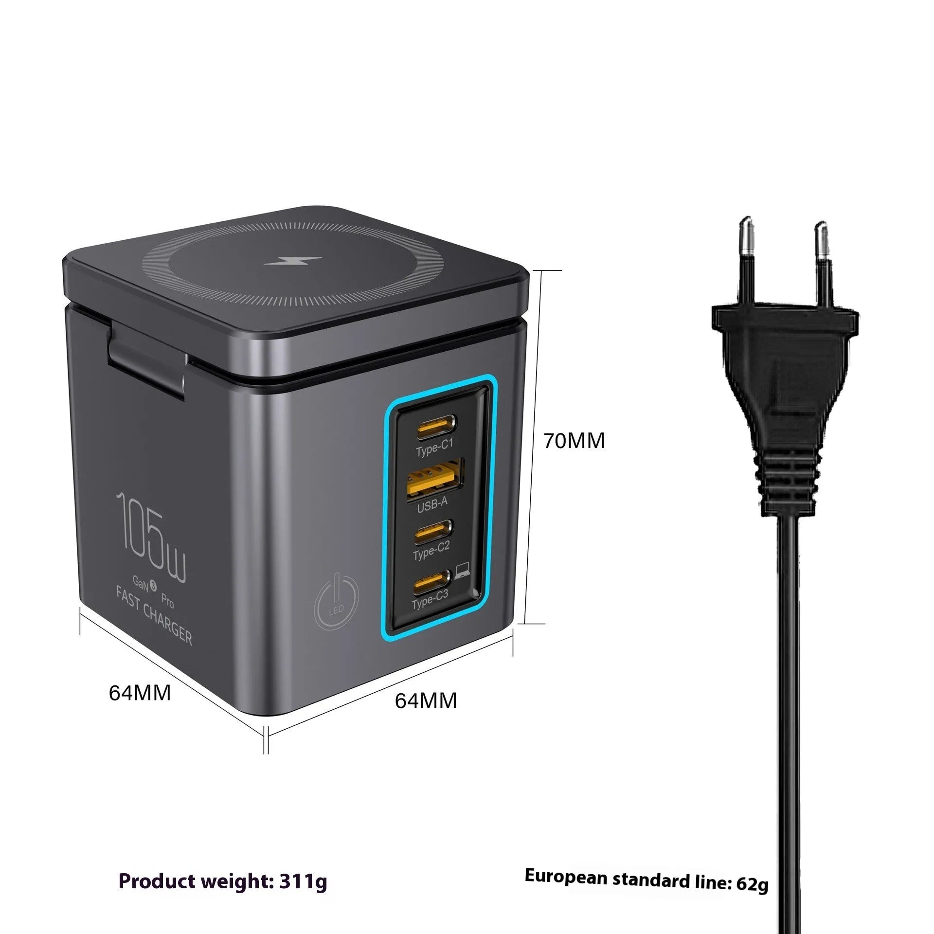 105W black Gallium Nitride magnetic wireless charger with interchangeable UK EU US AU plugs