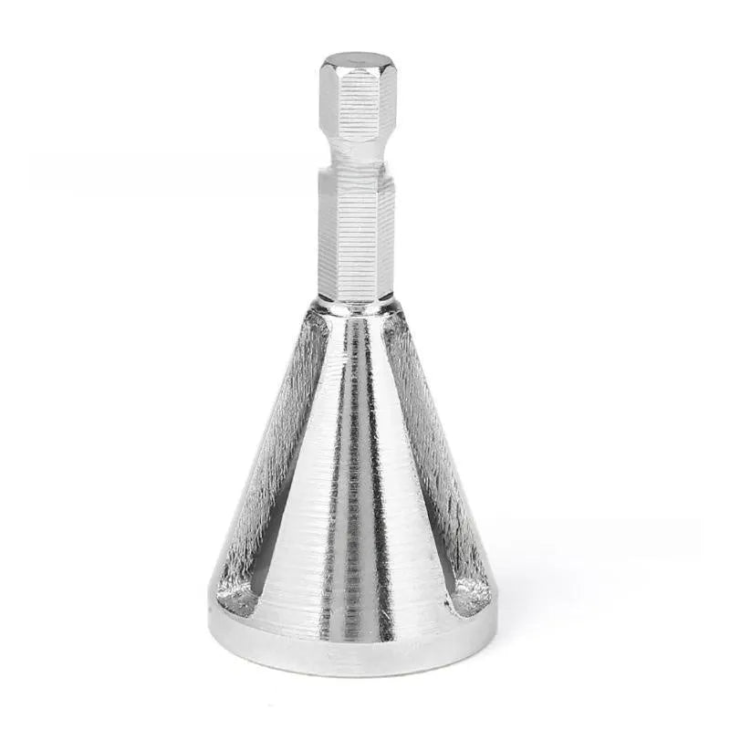 Single high-speed steel deburring chamfering drill bit with hexagonal three-groove shank on neutral background