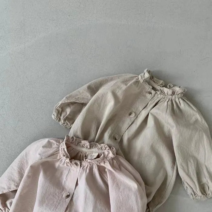 Baby cotton button jumpsuit romper in light lotus pink, long sleeves, wooden ear collar, suitable for 66-90cm height.