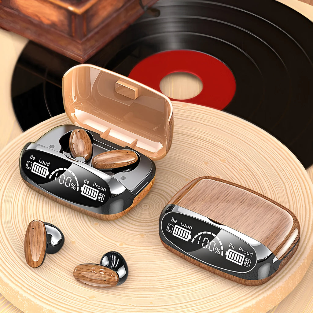 M35 wood grain Bluetooth wireless headphones with charging case