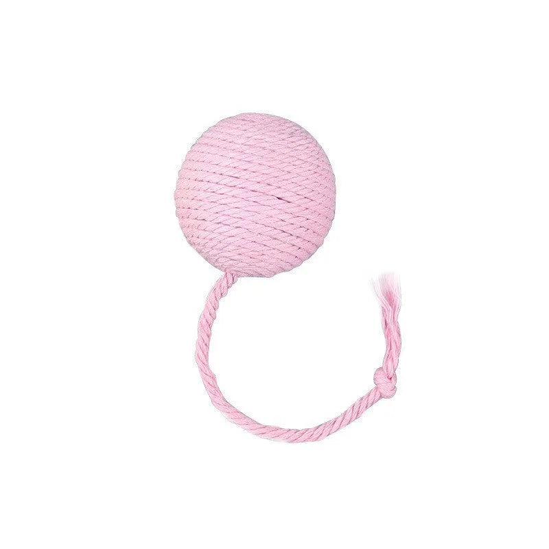 Colourful cat toy ball with attached rope, internal bell makes sound when rolled