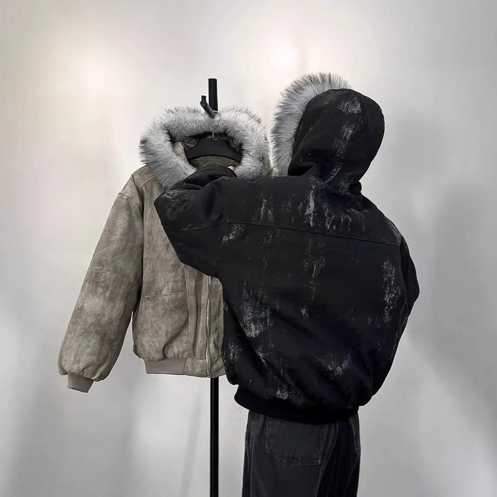 Men's hooded cotton-padded coat with large fur collar in black, short length, polyester fill