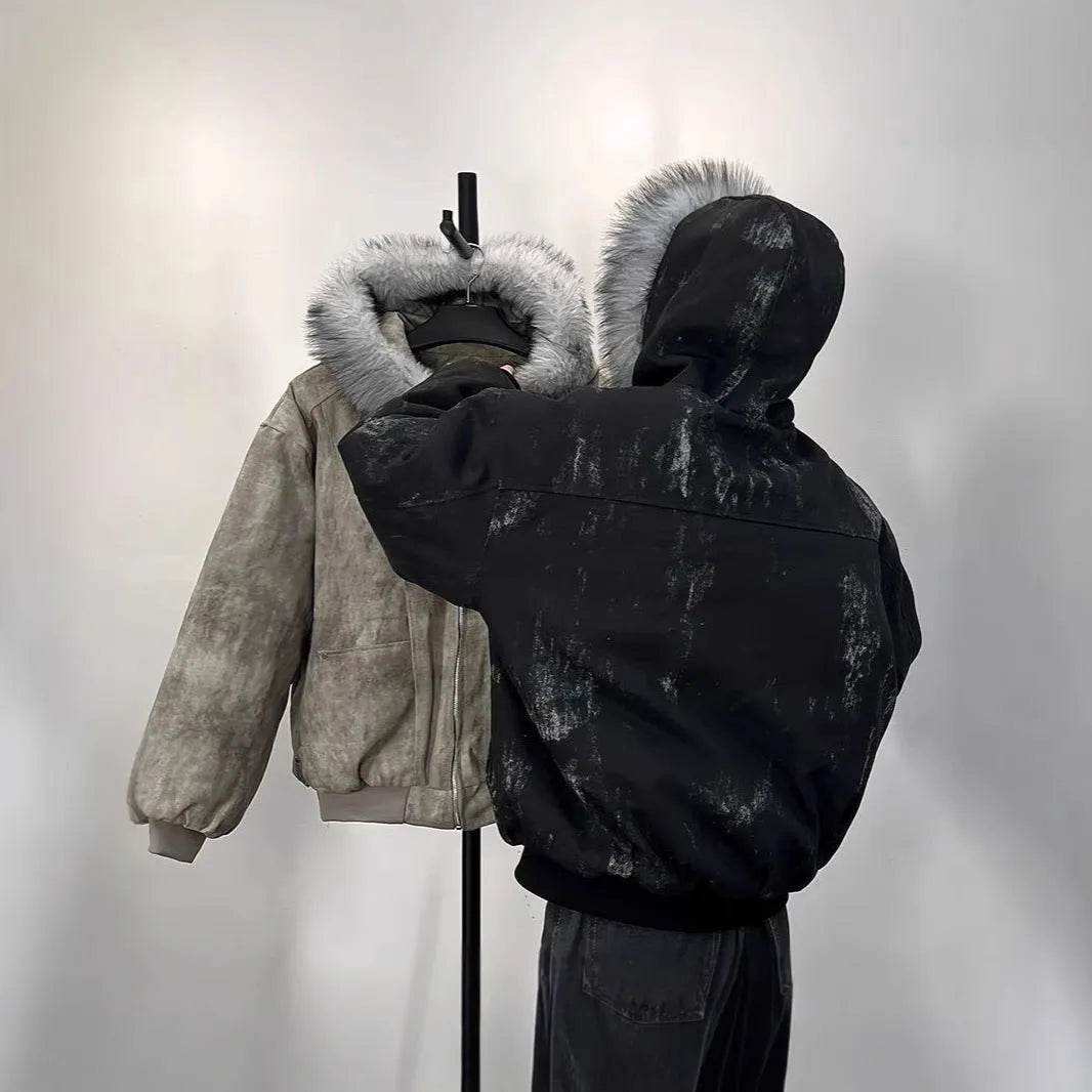 Men's hooded cotton-padded coat with large fur collar in black, short length, polyester fill