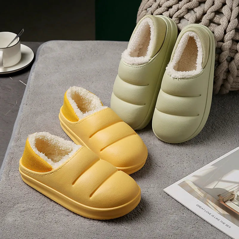 A pair of waterproof EVA couple slippers in various colours, showing plush lining and a non-slip sole.