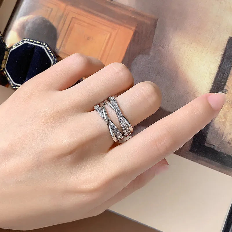 Double-layer X-shaped adjustable open ring for women in copper zirconia with starry sky motif, KYRA01781 colour