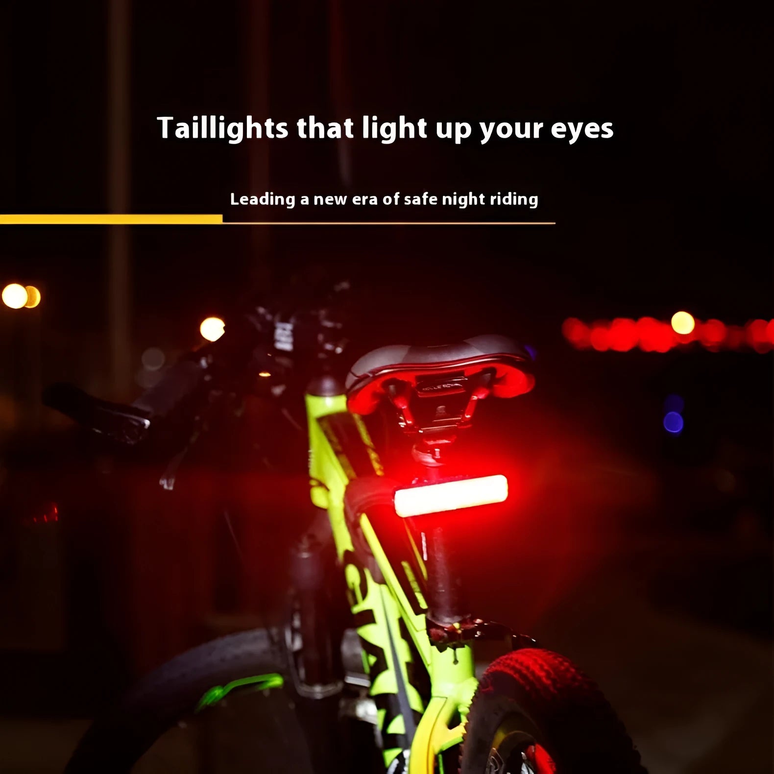 USB rechargeable bicycle light with colourful LED on a bicycle handlebar at night
