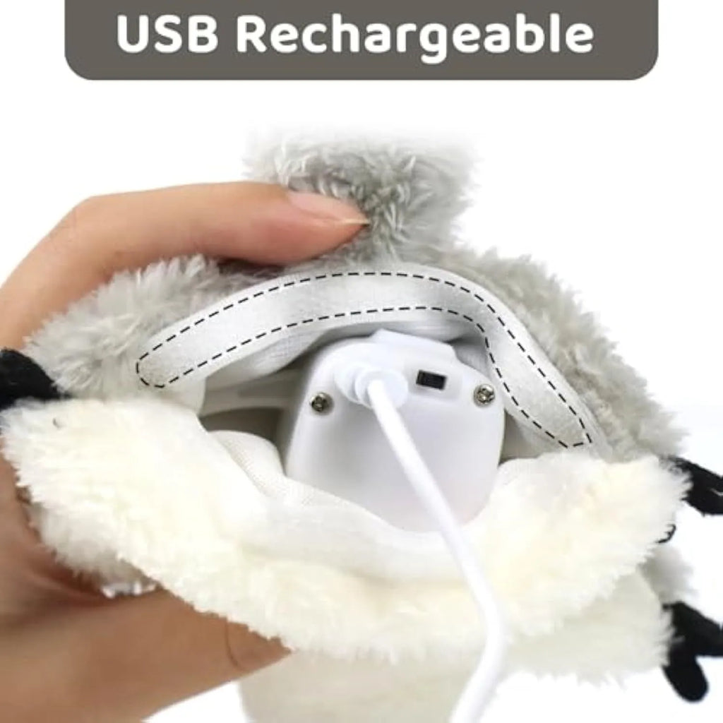 Gray flapping squirrel cat toy with touch-activated motion and USB charging port