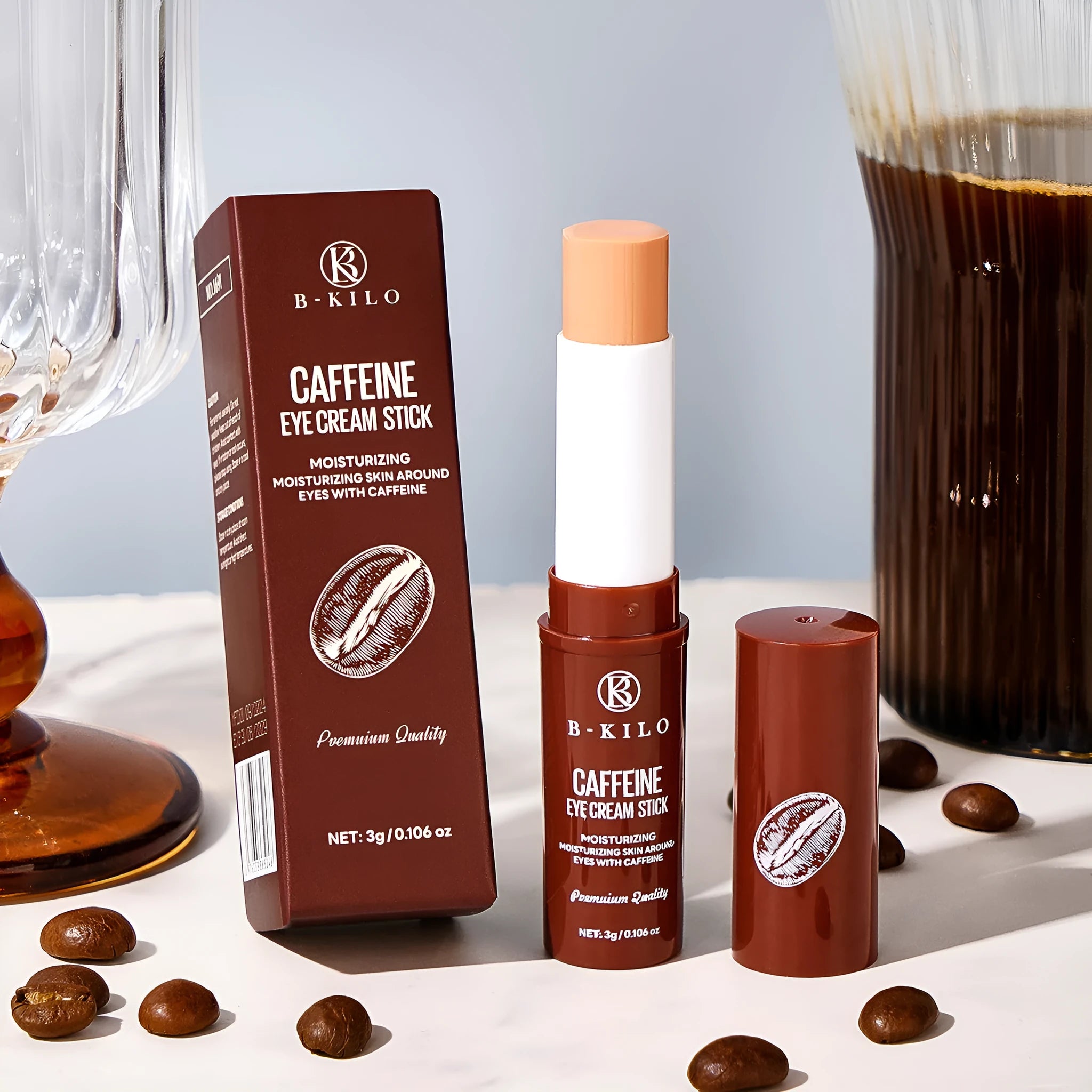 Caffeine eye cream stick in travel-friendly 3g packaging for under-eye hydration