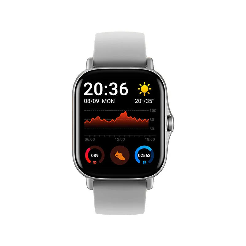 GT20 smartwatch with black alloy case and silicone strap showing heart rate and call functions on screen