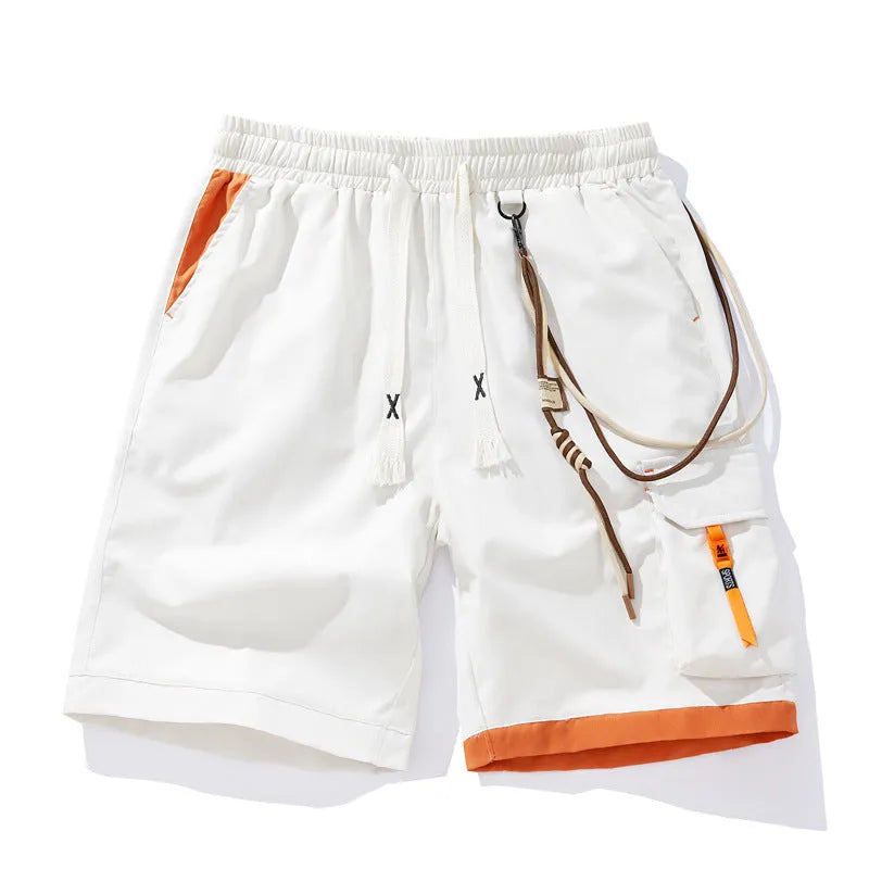 Men's black bamboo fibre sports shorts with a high waist and loose, straight-leg cropped fit on a hanger.