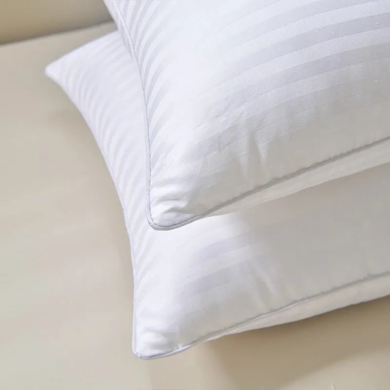 White cotton satin stripe feather pillow with 2cm stripe detail showing size and fill weight options