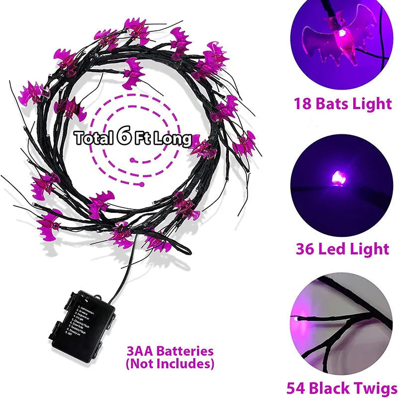 Halloween LED willow vine string light with 100 cartoon bat and pumpkin rattan lanterns on a 2-metre vine for indoor outdoor decor