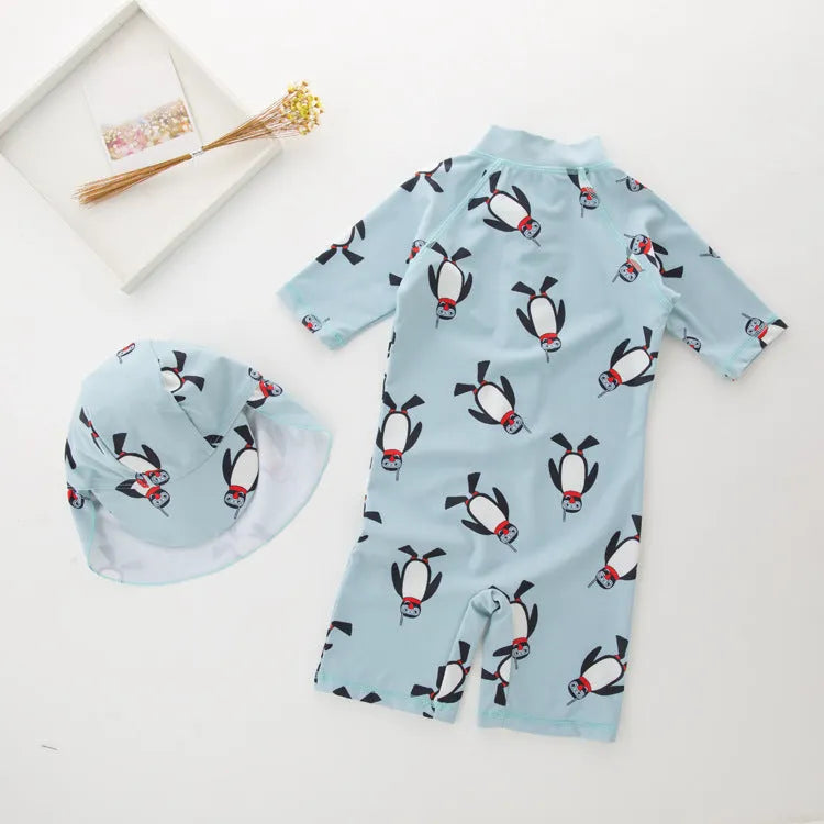 Boys' penguin print long sleeve swimsuit with matching swimming cap for sun protection