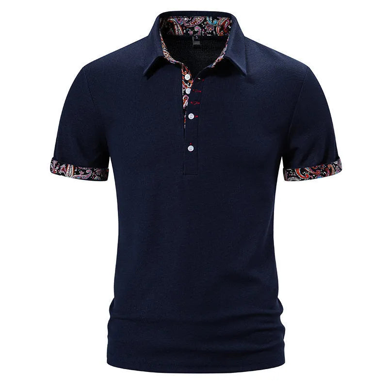 Men's navy blue polo shirt with white contrast stitching on the collar and short sleeves.