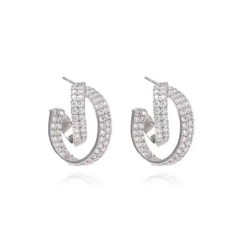 Sterling silver needle micro inlaid zircon C-shaped cross earrings for women simple geometric style