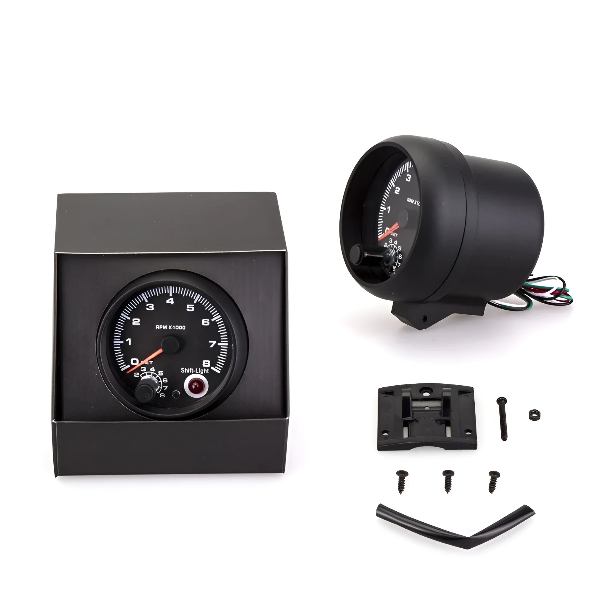 Black automotive tachometer with blue illuminated pointer display showing rpm measurement scale