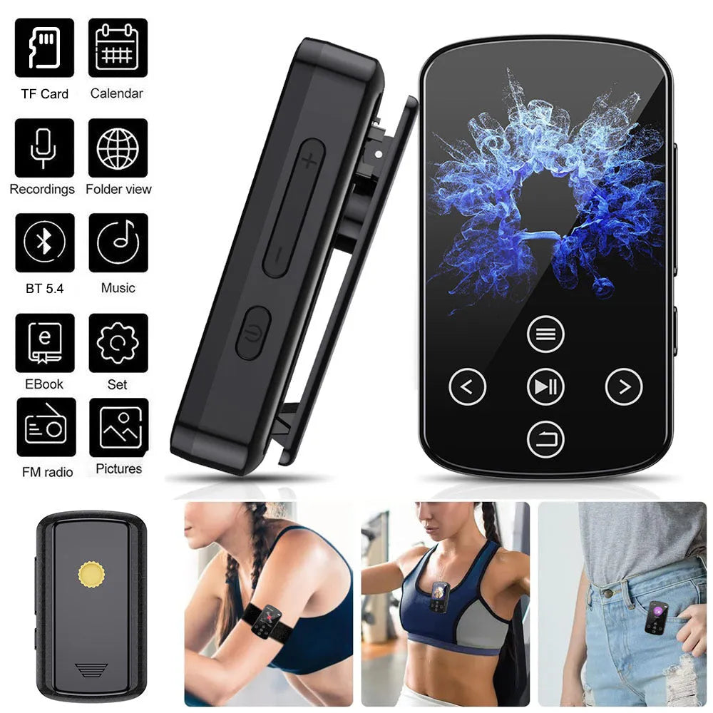 Black Bluetooth MP3 music player with touch screen and buttons