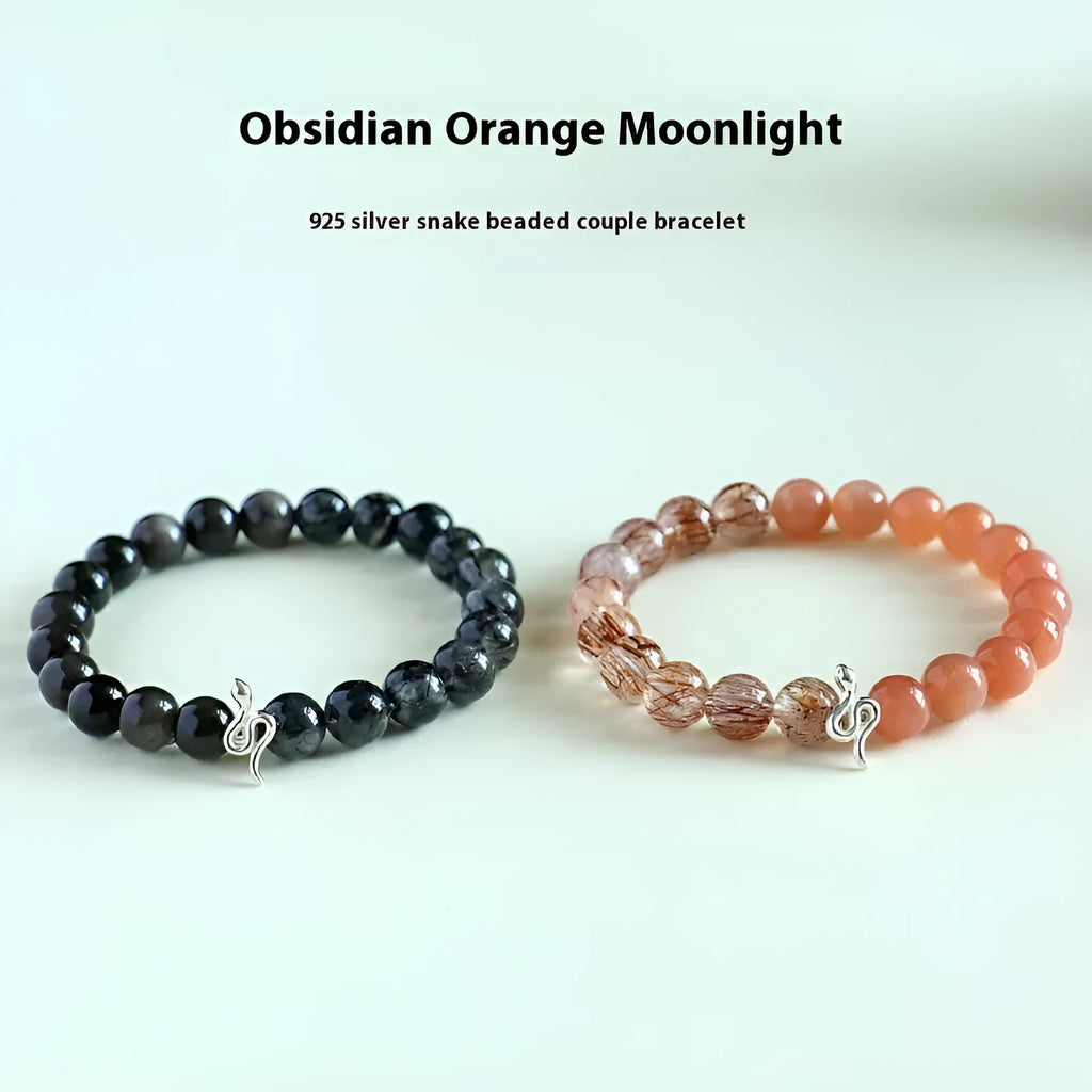 925 silver snake beaded couple bracelet with natural sunstone and black crystal beads on unisex chain