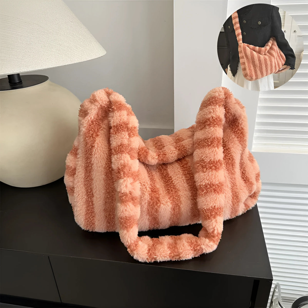 Large striped plush tote bag for women in black, green, orange, purple, or white, portable shoulder handbag.