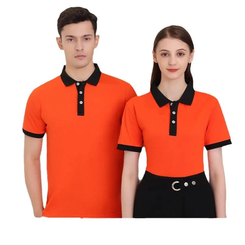 Men's and women's short sleeve lapel collar t-shirt in multiple colours on a hanger.